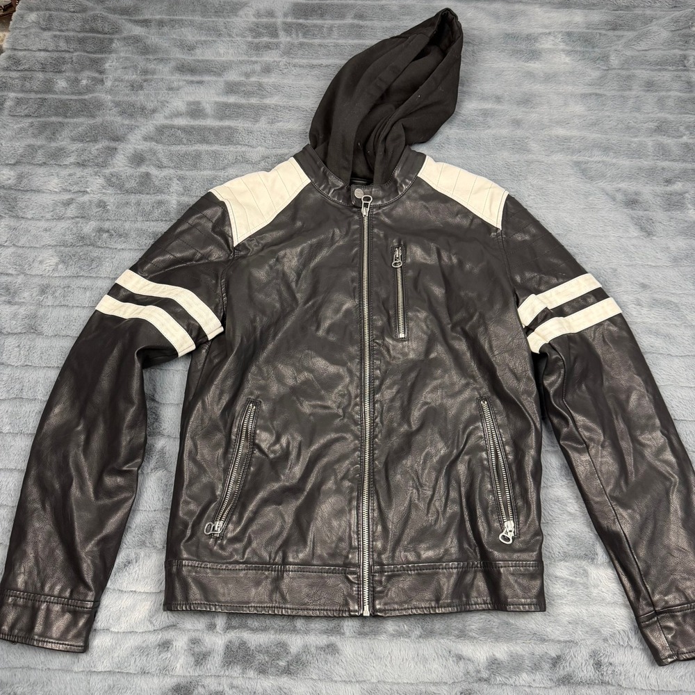 Wilsons Cycle Mens XS Faux Leather Biker Jacket Black White Racing Stripe Hooded